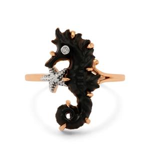 Lehrer Sea Horse Carvings Black Onyx & Diamond 9K Rose Gold Ring ATGW 2cts