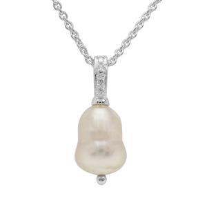 South Sea Cultured Pearl & White Zircon Sterling Silver Pendant Necklace (8mm)