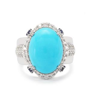 Sleeping Beauty Turquoise, Thai Sapphire & White Zircon Sterling Silver Ring ATGW 8.40cts