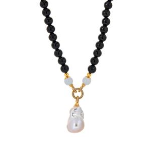 Type A Burmese Jadeite, Baroque Cultured Pearl & White Zircon Gold Tone Sterling Silver Necklace 
