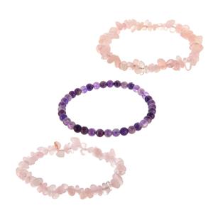 'Self Love & Inner Peace' Rose Quartz & Banded Amethyst Set of 3 Bracelets ATGW 182.50cts 
