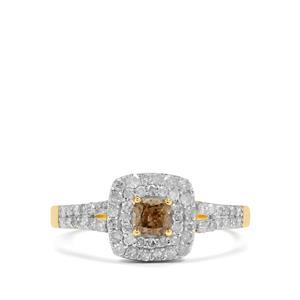 3/4ct Fancy Coloured Natural Cape Champagne, White Diamonds 9K Gold Ring 