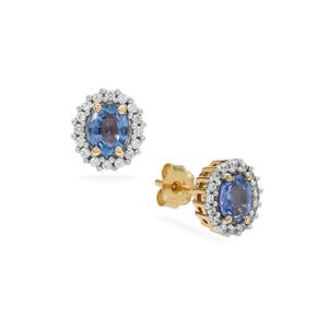 Ceylon Blue Sapphire & White Zircon 9K Gold Earrings ATGW 1cts