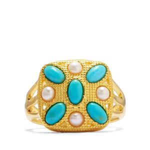 Turquoise & Freshwater Cultured Pearl Gold Tone Sterling Silver Ring 