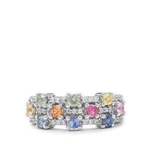 Multi-Colour Sapphire & White Zircon Platinum Plated Sterling Silver Ring ATGW 1.05cts