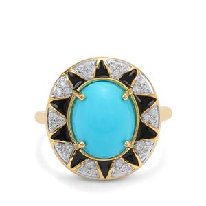 Sleeping Beauty Turquoise & White Zircon 9K Gold Ring with Black Enameling ATGW 3.45cts