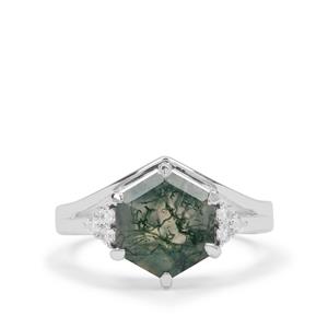 Moss Agate & White Zircon Sterling Silver Ring ATGW 3cts