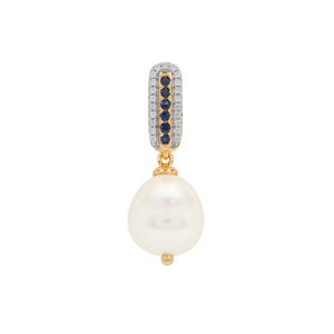 South Sea Cultured Pearl, Ceylon Blue Sapphire & White Zircon 9K Gold Pendant (11MM)