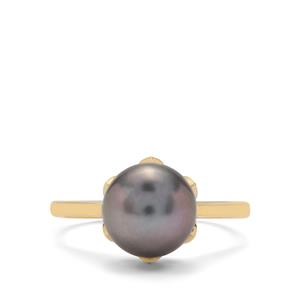 Tahitian Cultured Pearl & White Zircon 9K Gold Ring (9.50 MM)
