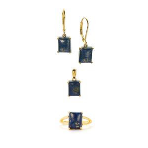 14.15cts Sar-i-Sang Lapis Lazuli Gold Tone Sterling Silver Set of Ring, Earrings & Pendant 