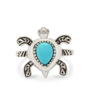 Sleeping Beauty Turquoise & White Zircon Oxidized Sterling Silver Turtle Ring ATGW 0.60ct