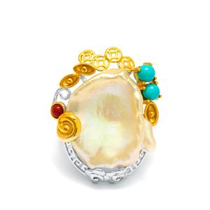 Baroque Freshwater Cultured Pearl, Nanhong Agate & Hubei Turquoise Two Tone Gold Plated Sterling Silver Ring