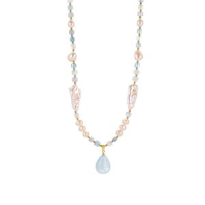  Kaori, Baroque Freshwater Cultured Pearl & Aquamarine Gold Tone Sterling Silver Necklace 