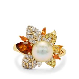 Golden South Sea Cultured Pearl & Multi Gemstones Midas Ring (8 MM)