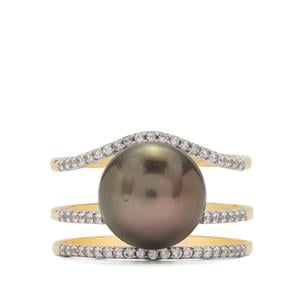 Tahitian Cultured Pearl & White Zircon 9K Gold Tomas Rae Ring (10 MM)