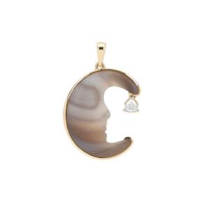  Lehrer Man in the Moon Grey Agate Pendant with White Zircon in 9K Gold 15.05cts