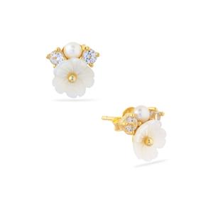 Mother of Pearl, Freshwater Culture Pearl & White Topaz Gold Tone Sterling Silver Earrings