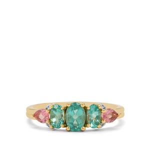 Botli Green Apatite, Pink Tourmaline & White Zircon 9K Gold Ring ATGW 1.15cts