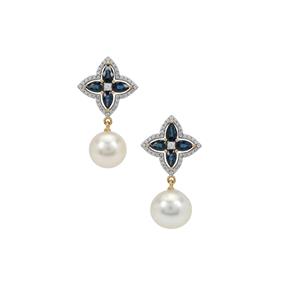 South Sea Cultured Pearl, Australian Blue Sapphire & White Zircon 9K Gold Earrings (10mm)
