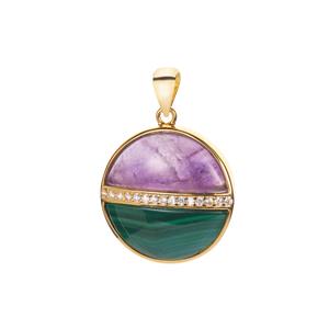 'Protection & Peace' Malachite & Amethyst Gold Tone Sterling Silver Pendant with White Zircon ATGW 13.15cts