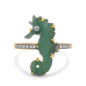 Lehrer Sea Horse Carvings Natural Green Chalcedony & White Zircon 9K Gold Ring ATGW 2.35cts