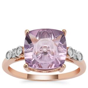 Lehrer Quasar Cut Rose De France Amethyst Ring with White Zircon in 9K Rose Gold 3.25cts