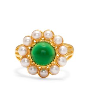 Freshwater Cultured Pearl & Green Agate Gold Tone Sterling Silver Ring 