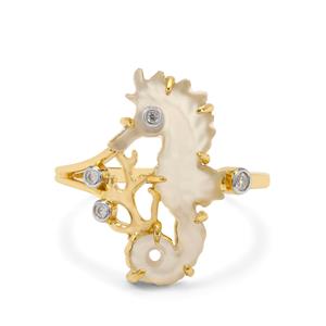 Lehrer Sea Horse Carvings White Chalcedony & White Zircon 9K Gold Ring ATGW 2.20cts