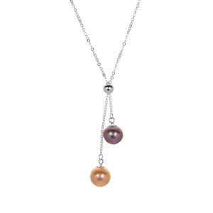 Naturally Papaya & Lavender Freshwater Cultured Pearl Sterling Silver Slider Necklace (9mm)