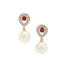 South Sea Cultured Pearl, Malagasy Ruby & White Zircon 9K Gold Earrings (F) (10MM)