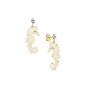 Lehrer Sea Horse Carvings White Chalcedony & White Zircon 9K Gold Earrings ATGW 12cts