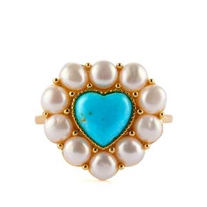 Natural Turquoise & Kaori Cultured Pearl Gold Tone Sterling Silver Ring