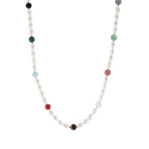 Multi Gemstone and Pearl Sterling Silver Necklace 