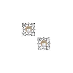 Kaori Cultured Pearl & White Topaz Sterling Silver Earrings (7.50mm)