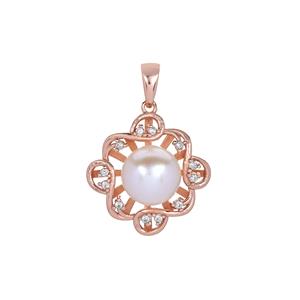 Kaori Cultured Pearl & White Topaz Rose Tone Sterling Silver Pendant (9mm)