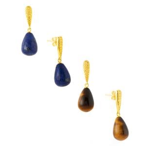 Lapis Lazuli Drusy & Yellow Tiger's Eye Gold Tone Sterling Silver Set of Earrings ATGW 42.06cts