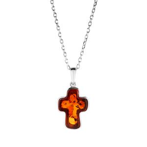 Baltic Cognac Amber Sterling Silver Cross Necklace (17.5x12.5mm)