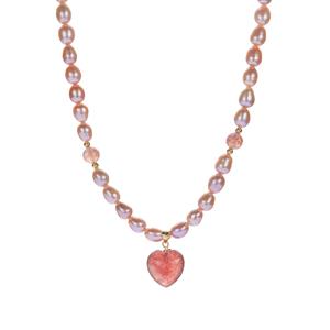 Kaori Cultured Pearl (6x8mm) & Strawberry Quartz Gold Tone Sterling Silver Necklace 