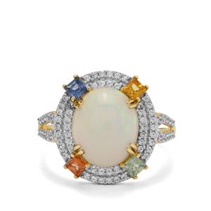 Ethiopian Opal, Multi-Colour Sapphire & White Zircon 14K Gold Ring ATGW 4.05cts