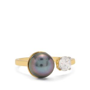 Tahitian Cultured Pearl & White Zircon 9K Gold Ring (9 MM)