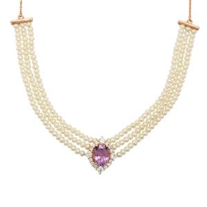 Pink Amethyst, Freshwater Cultured Pearl & White Zircon Rose Midas Necklace (3mm)