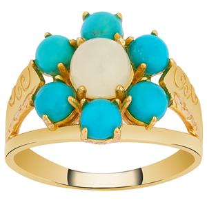 Natural Turquoise & Khotan Mutton Fat Jade Gold Tone Sterling Silver Ring ATGW 5cts