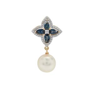 South Sea Cultured Pearl, Australian Blue Sapphire & White Zircon 9K Gold Pendant (11MM)