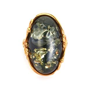 Baltic Green Amber Gold Tone Sterling Silver Ring (24x14mm)