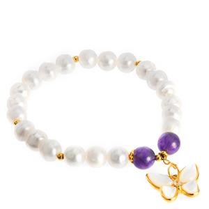 Freshwater Cultured Pearl & Multi Gemstone Gold Tone Sterling Silver Stretchable Butterfly Bracelet 