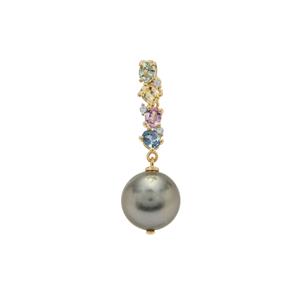 Tahitian Cultured Pearl, Multi-Colour Sapphire & White Zircon 9K Gold Pendant (12mm)