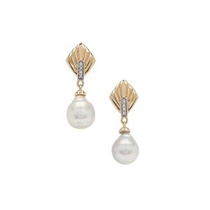 South Sea Cultured Pearl & White Zircon 9K Gold Earrings 