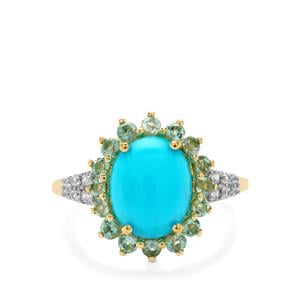 Sleeping Beauty Turquoise, Blue Green Tourmaline & White Zircon 9K Gold Ring ATGW 2.70cts