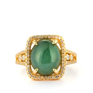 Type A Oil Green Jadeite & White Zircon Gold Tone  Sterling Silver Ring ATGW 5.13cts