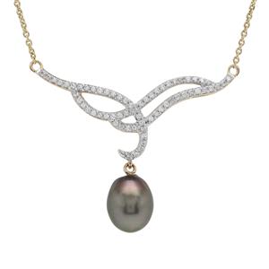 Tahitian Cultured Pearl & White Zircon 9K Gold Necklace (10x8mm)